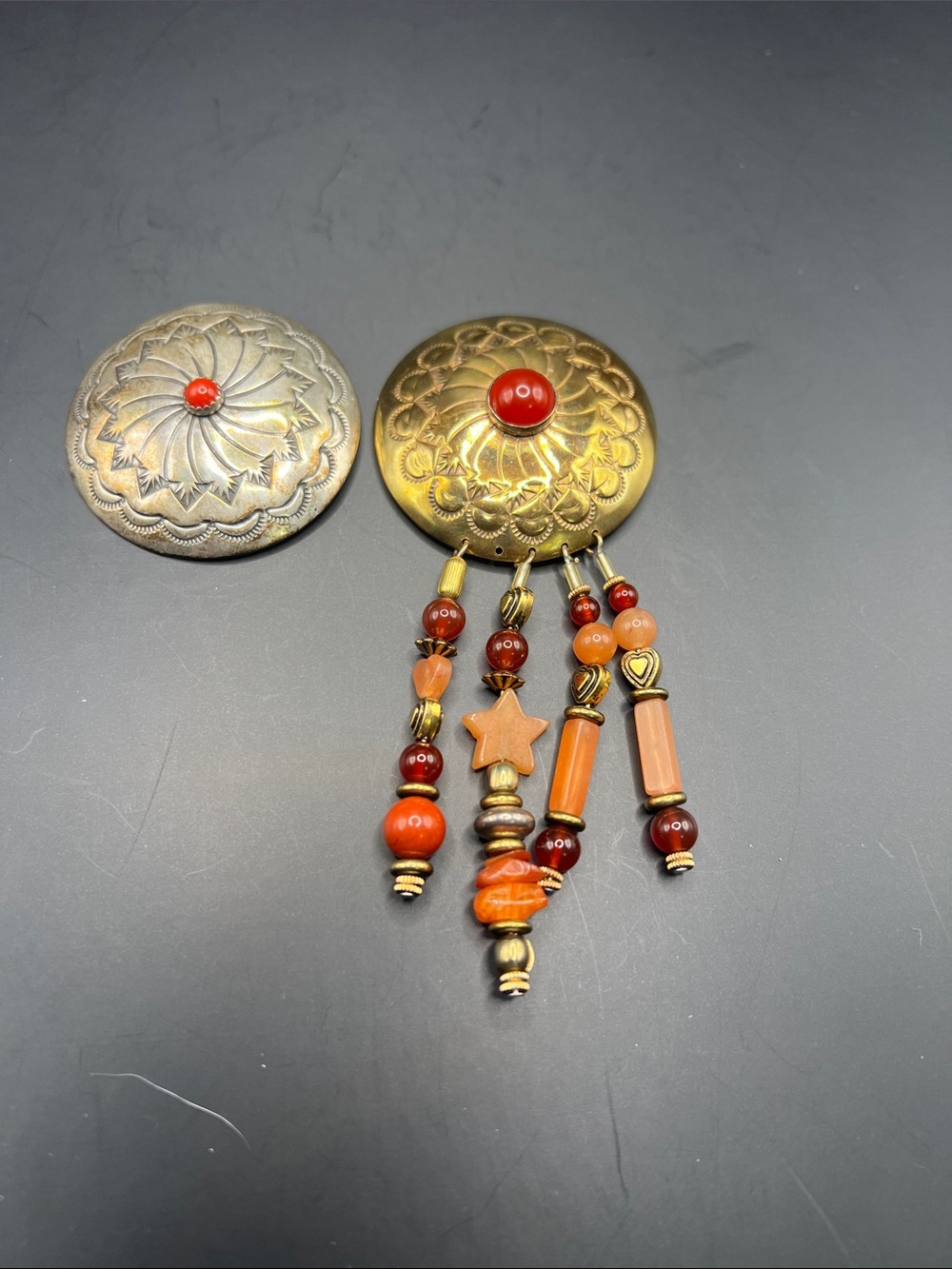 Concho Red Bead Tassel Statement Pin Brooch - Unbranded-Silver Concho Pin Set